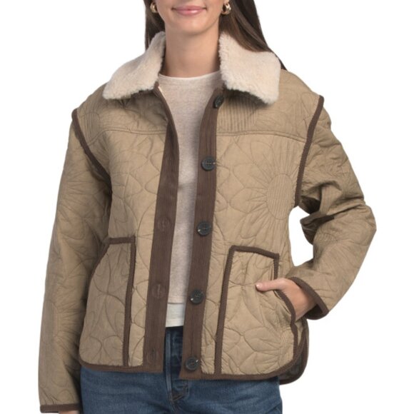 AVEC LES FILLES Floral Quilted Jacket With Faux Fur Collar - Picture 3 of 4